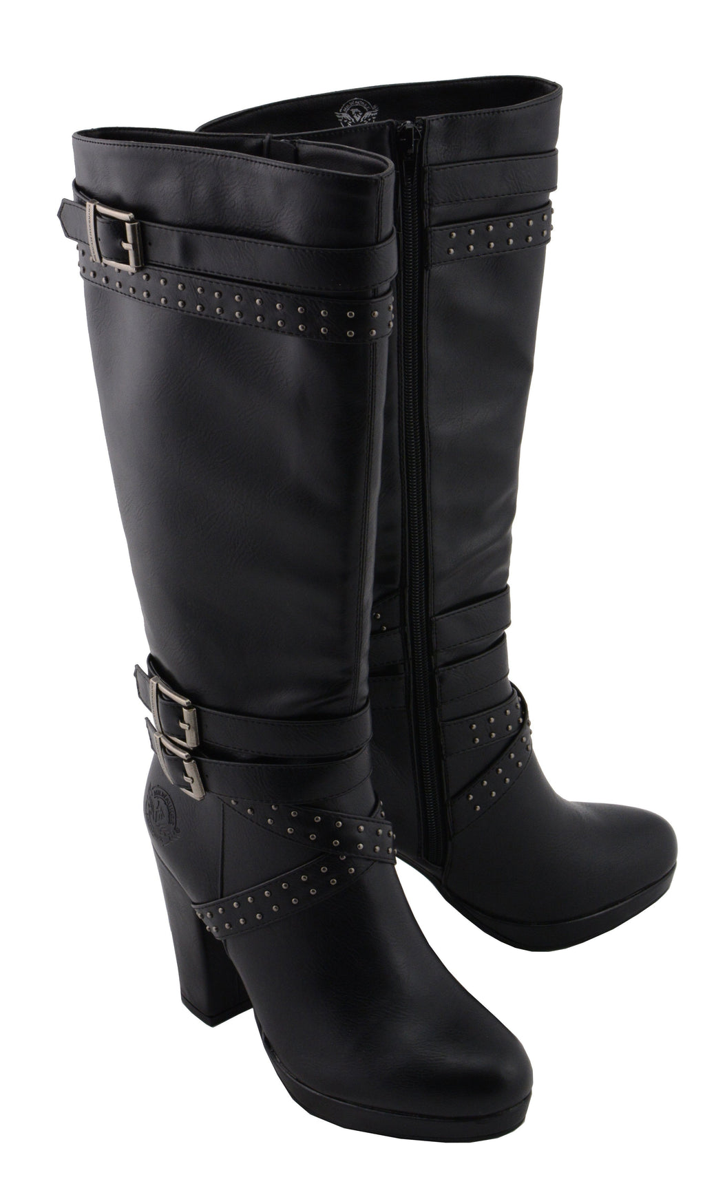 Milwaukee Performance MBL9422 Women's Tall Black Studded Strap Boots with Platform Heel