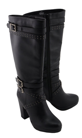 Milwaukee Performance MBL9422 Women's Tall Black Studded Strap Boots with Platform Heel