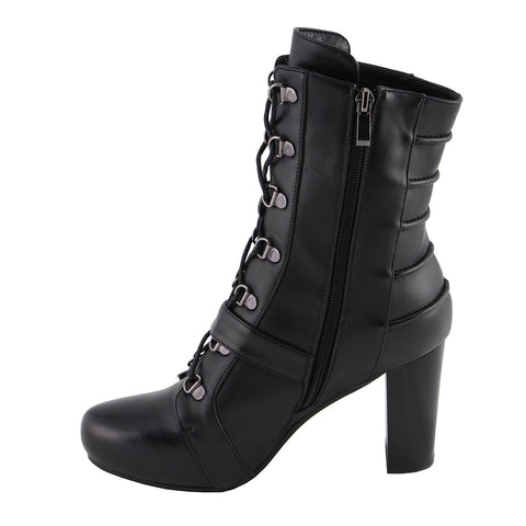 Milwaukee Leather MBL9431 Women's Black Lace-Up Boots with Block Heel and Buckle Strap