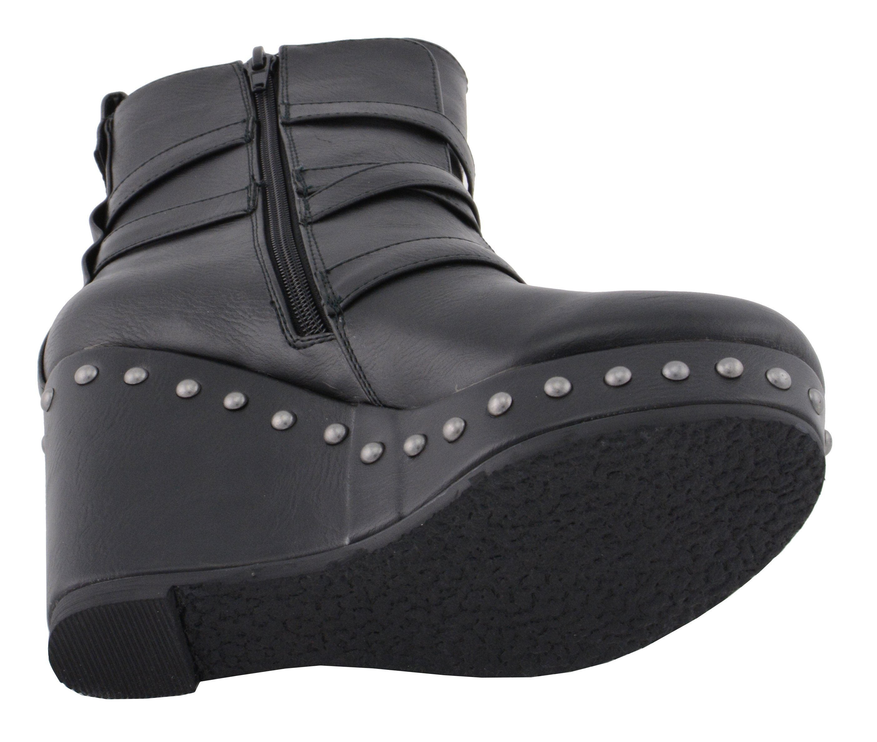Milwaukee Performance MBL9437 Women's Black Triple Strap Boots with Platform Wedge