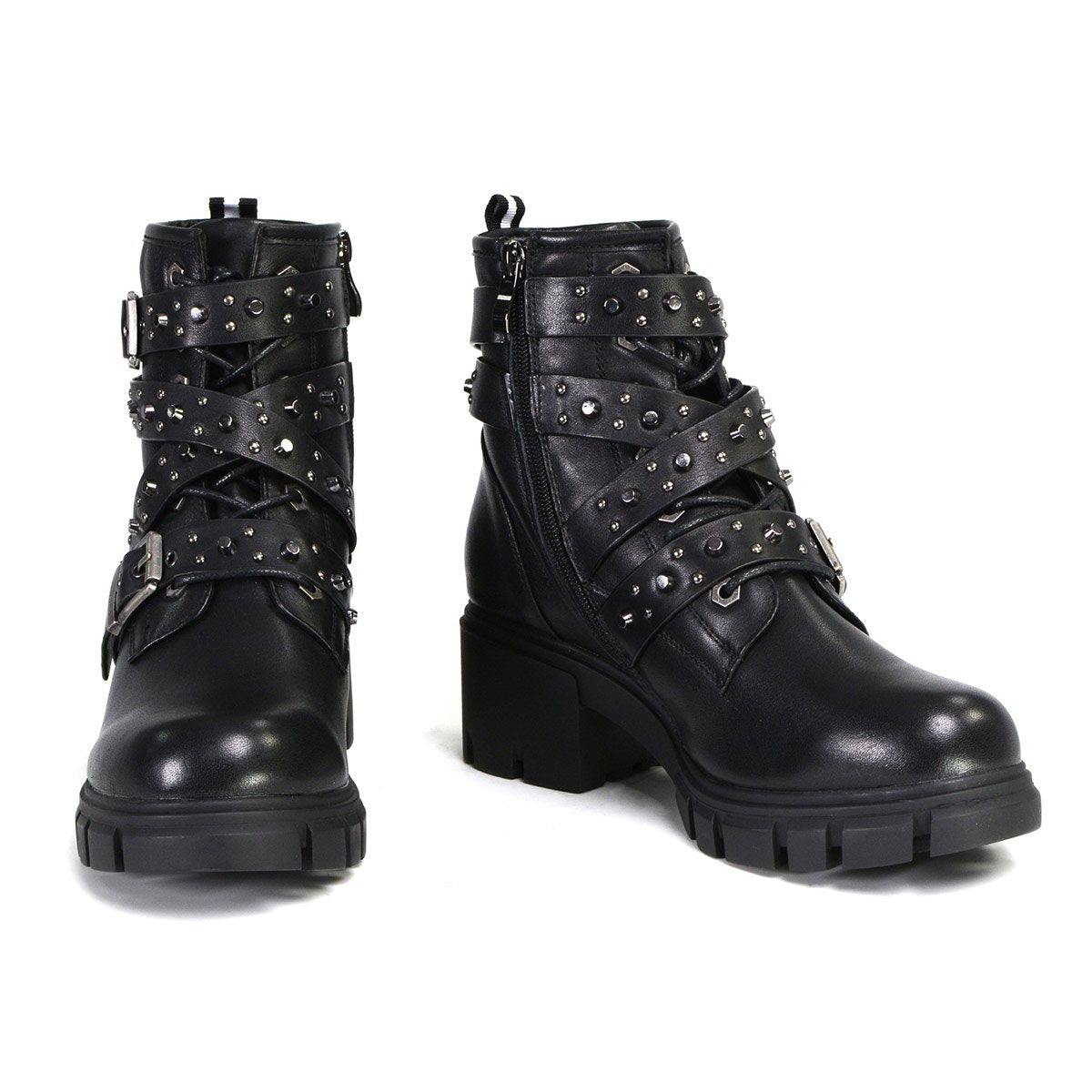 Milwaukee Performance Leather MBL9444 Women's ‘Bruiser’ Black Leather Lace to Toe Boots with Studded Straps