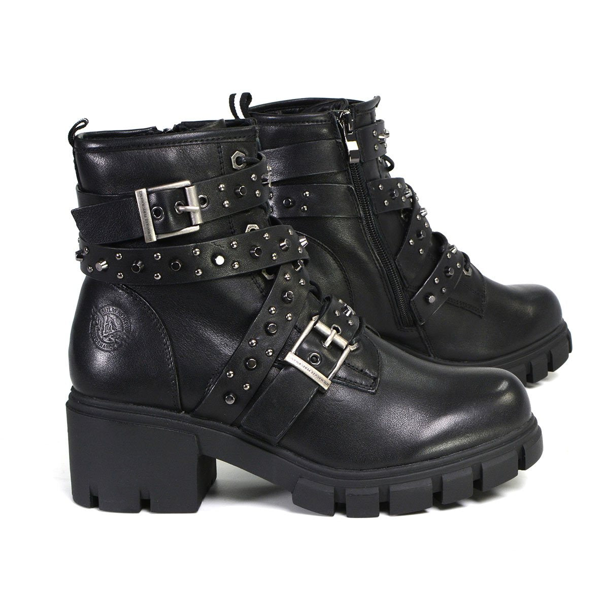 Milwaukee Performance Leather MBL9444 Women's ‘Bruiser’ Black Leather Lace to Toe Boots with Studded Straps