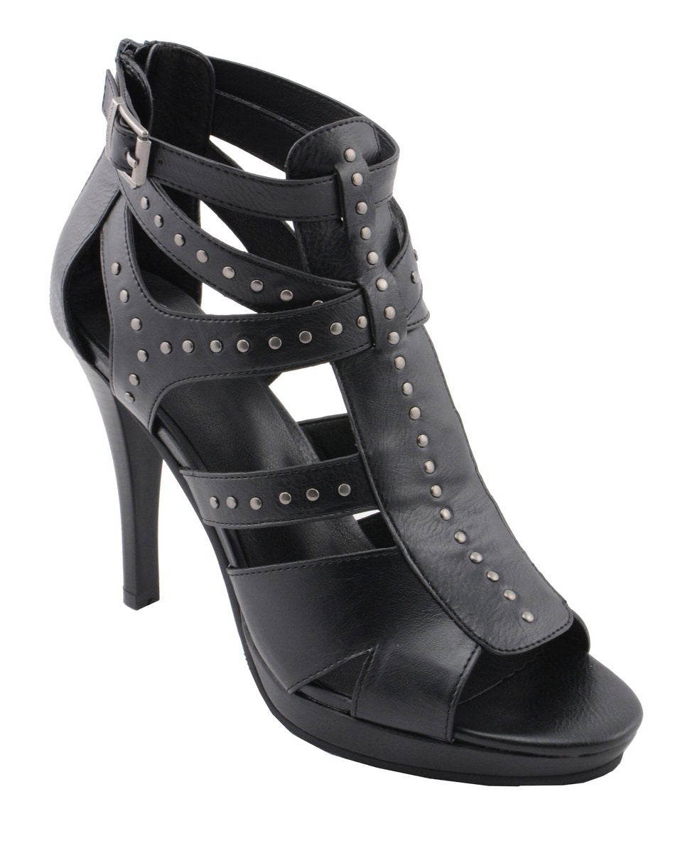 Milwaukee Performance MBL9452 Women's Black Stiletto Heeled Sandals with Studded Ankle Straps