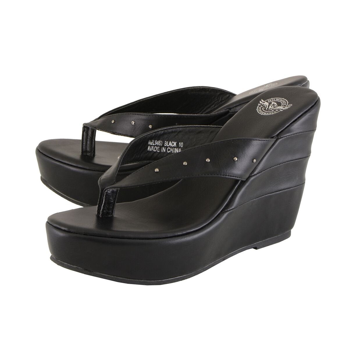 Milwaukee Performance MBL9460 Women's Black Wedge Sandals with Studed Straps