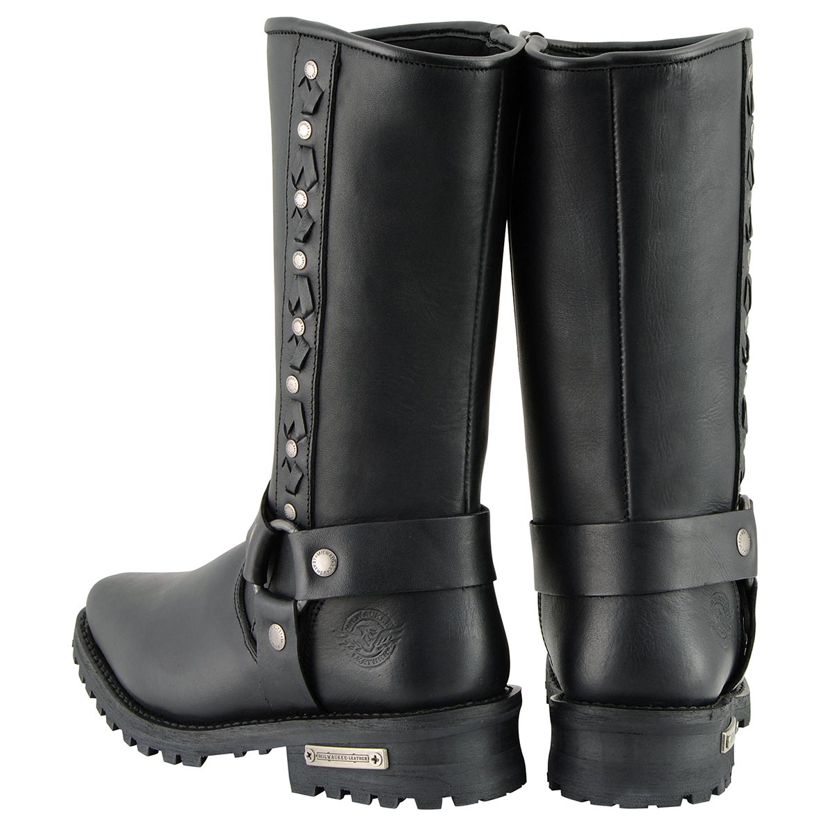 Milwaukee Leather MBM9025 Men's Black Harness Motorcycle Boots with Braid and Riveted Details