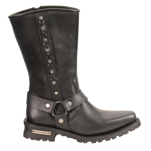 Milwaukee Leather MBM9025 Mens Black Harness Boot with Braid and Riveted Details - Milwaukee Leather Mens Boots