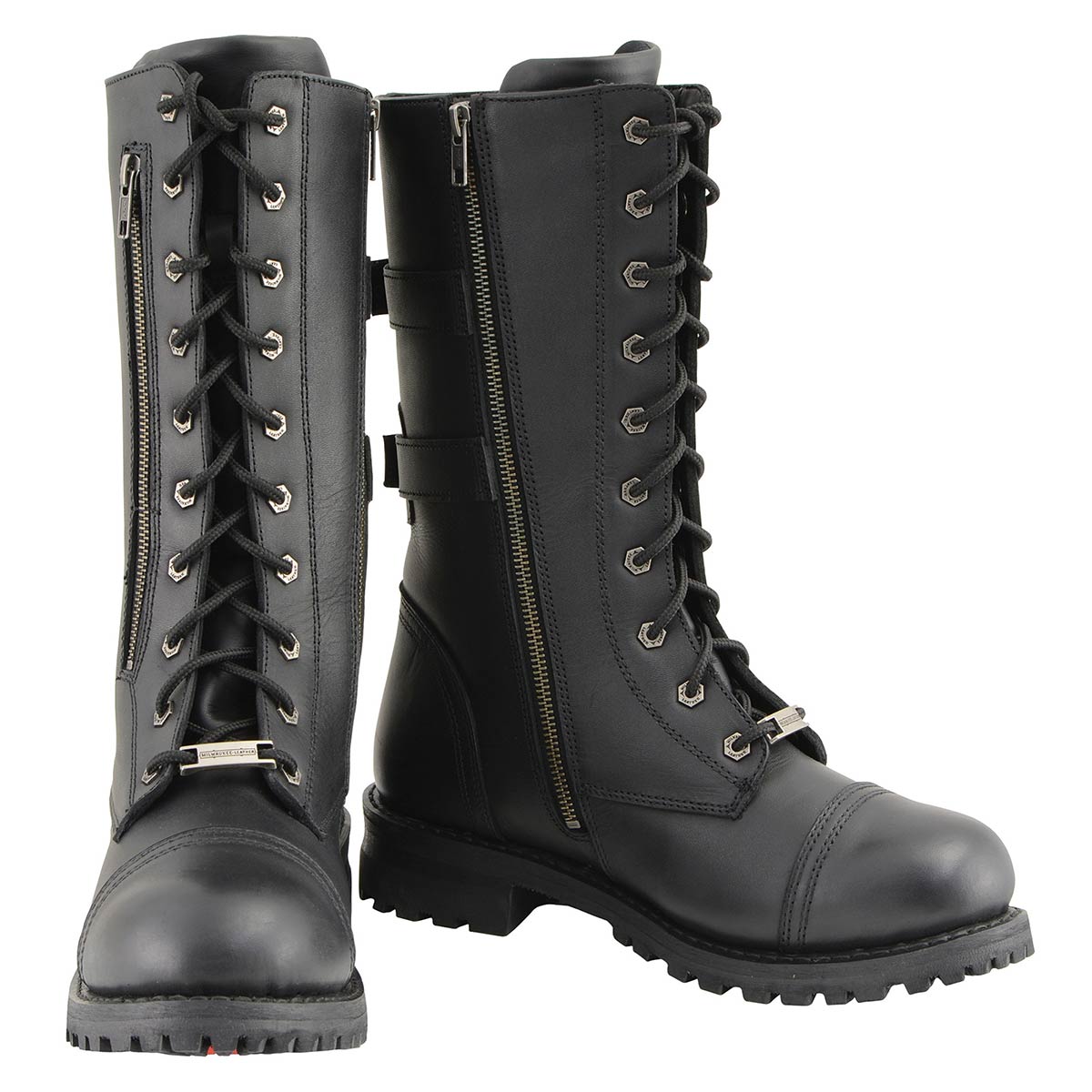 Milwaukee Leather MBM9069 Men’s Tall 'Tactical Style' Black Lace-Up Leather Boots with Buckles and Zipper Storage Pocket