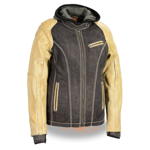 Milwaukee Leather MDL2005 Women's Hooded Two Tone Black and Beige Denim and Leather Scuba Jacket - Milwaukee Leather Womens Leather Jackets