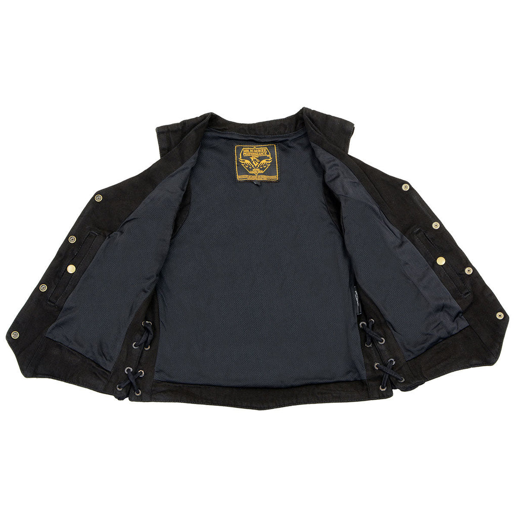 Milwaukee Leather MDL4001 Women's Black Denim Motorcycle Vest with Side Lace and 4 Snap Front