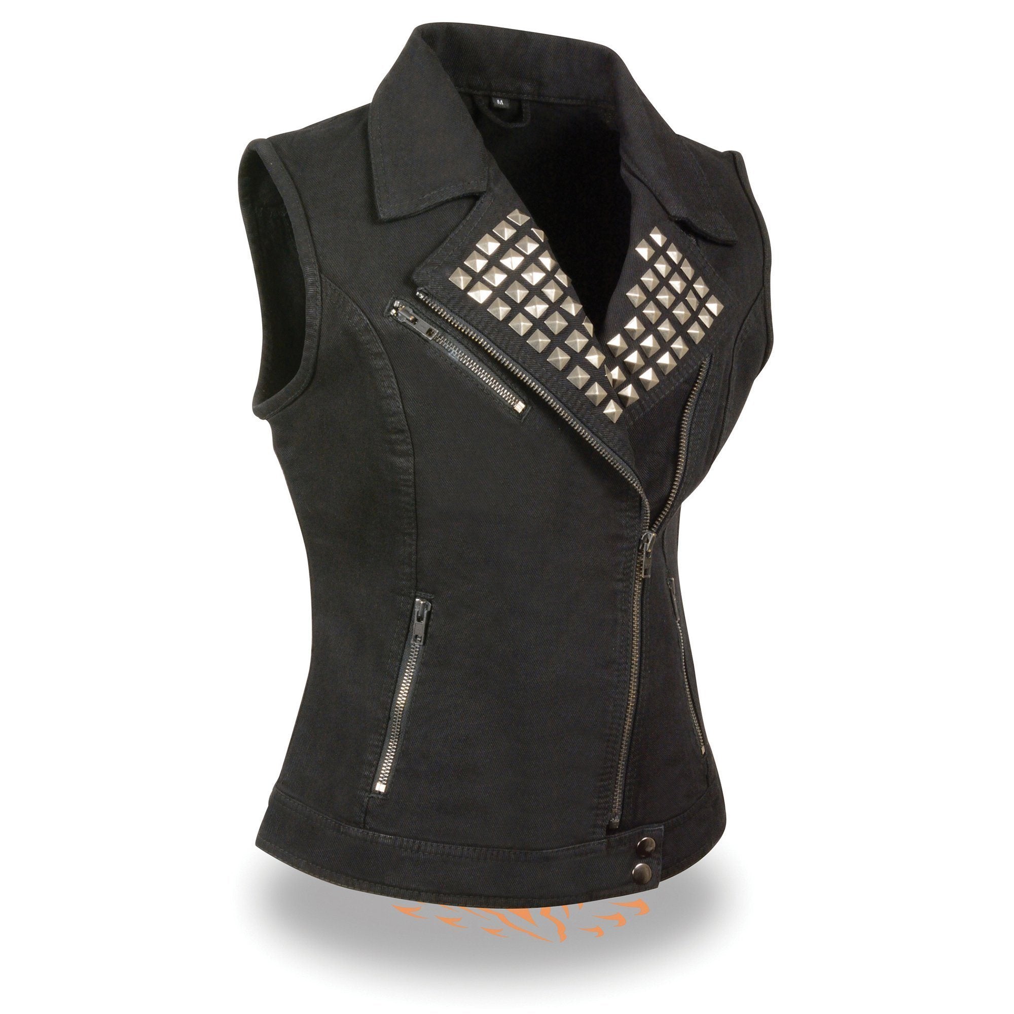 Milwaukee Performance MDL4030 Ladies Zipper Front Black Denim Vest with Studded Spikes - Milwaukee Performance Womens Denim Vests