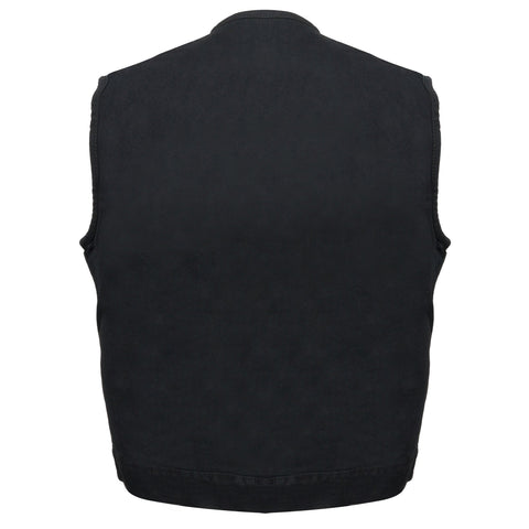 Milwaukee Leather MDM3001 Men's 'Covert' Black Denim Collarless Club Style Motorcycle Biker Vest w/ Dual Closure