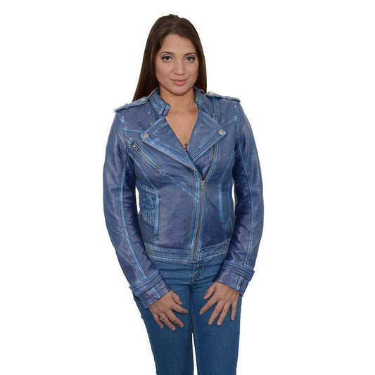 Milwaukee Leather SFL2840 Royal Blue Women's Asymmetrical Studded Sheepskin Leather Jacket - Milwaukee Leather Womens Leather Jackets