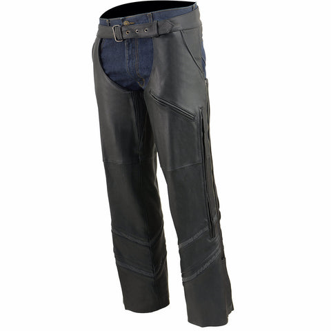Milwaukee Leather Chaps for Men's Black Vented Naked Leather - Reflective Piping 5 Pockets Motorcycle Chap - ML1144