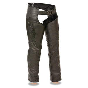 Milwaukee Leather ML1179 Ladies Black Leather Chaps with Wing Embroidery - Milwaukee Leather Womens Leather Chaps