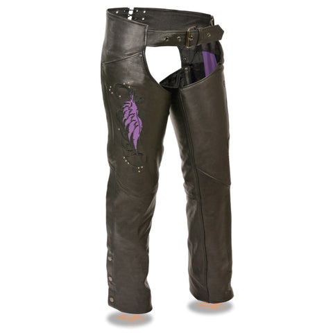Milwaukee Leather ML1179 Ladies Black and Purple Leather Chaps with Wing Embroidery - Milwaukee Leather Womens Leather Chaps