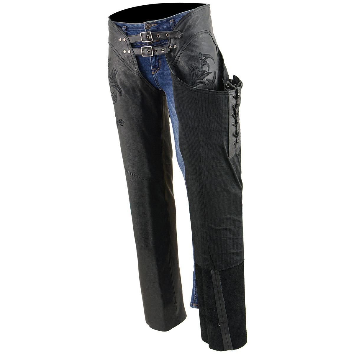 Milwaukee Leather Chaps for Women Black Low-Rise Waist- Double Buckle Reflective Embroidery Motorcycle Chap- ML1187