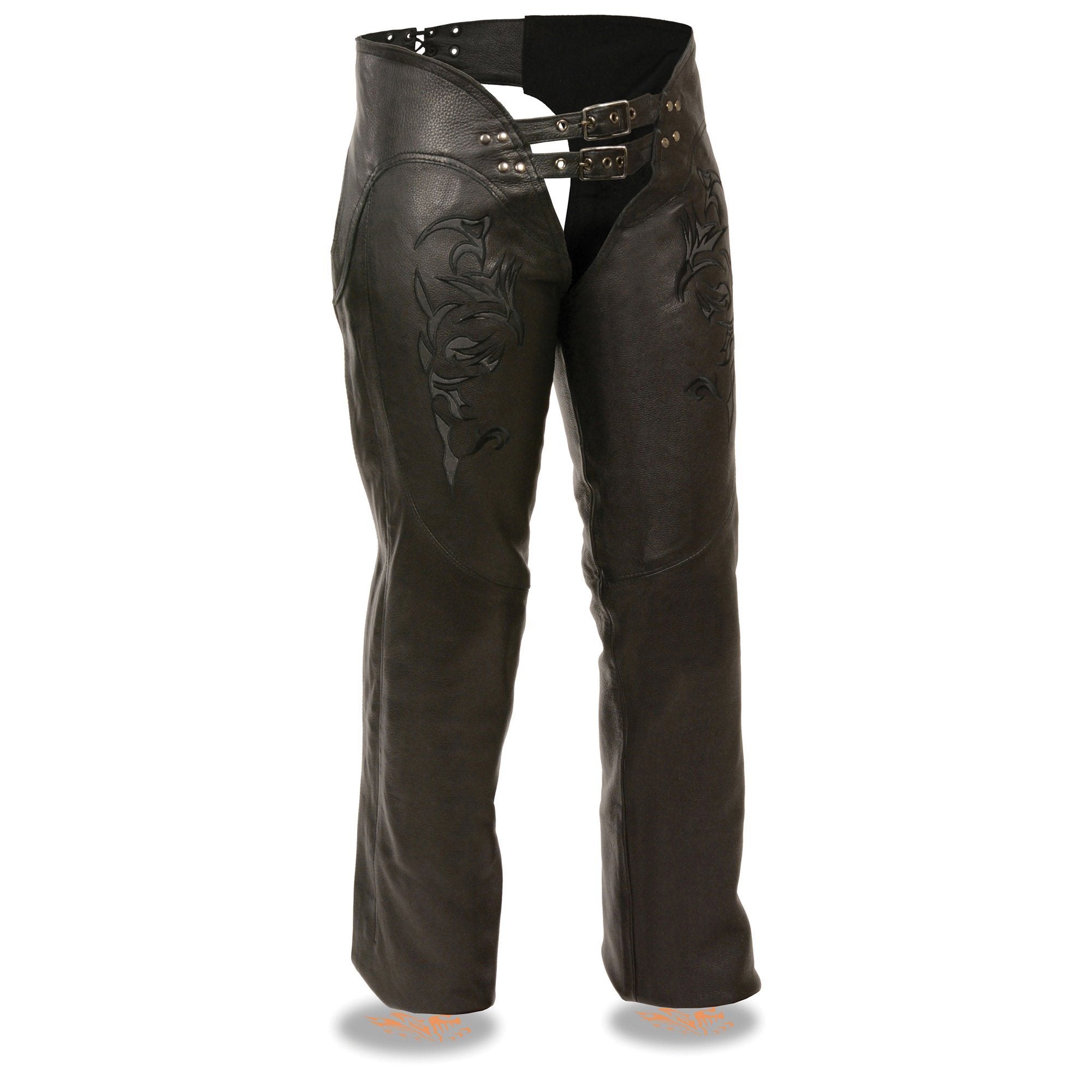 Milwaukee Leather ML1187 Ladies Black Leather Chaps with Reflective Tribal Embroidery - Milwaukee Leather Womens Leather Chaps