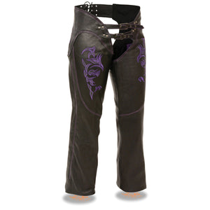 Milwaukee Leather ML1187 Ladies Black and Purple Leather Chaps with Reflective Tribal Embroidery - Milwaukee Leather Womens Leather Chaps