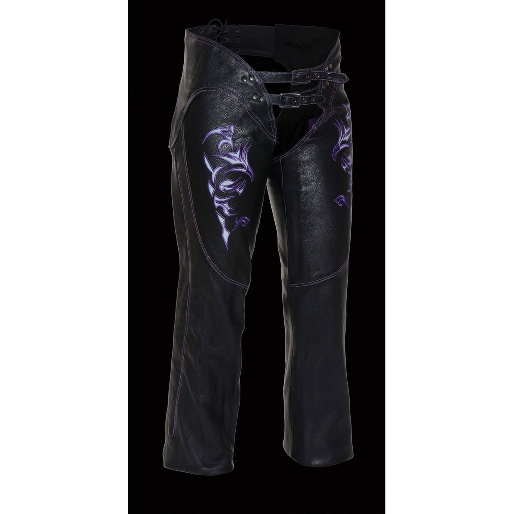 Milwaukee Leather ML1187 Ladies Black and Purple Leather Chaps with Reflective Tribal Embroidery - Milwaukee Leather Womens Leather Chaps