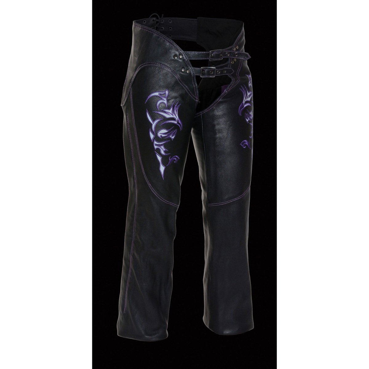 Milwaukee Leather ML1187 Ladies Black and Purple Leather Chaps with Reflective Tribal Embroidery - Milwaukee Leather Womens Leather Chaps