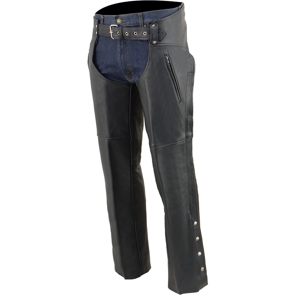 Milwaukee Leather Chaps for Men's Black Naked Leather - Thigh Pocket with Zipper Mesh Lined Motorcycle Chap- ML1190