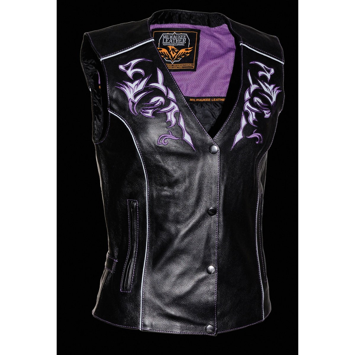 Milwaukee Leather ML1296 Women's Black and Purple Vest with Reflective Tribal Design - Milwaukee Leather Womens Leather Vests