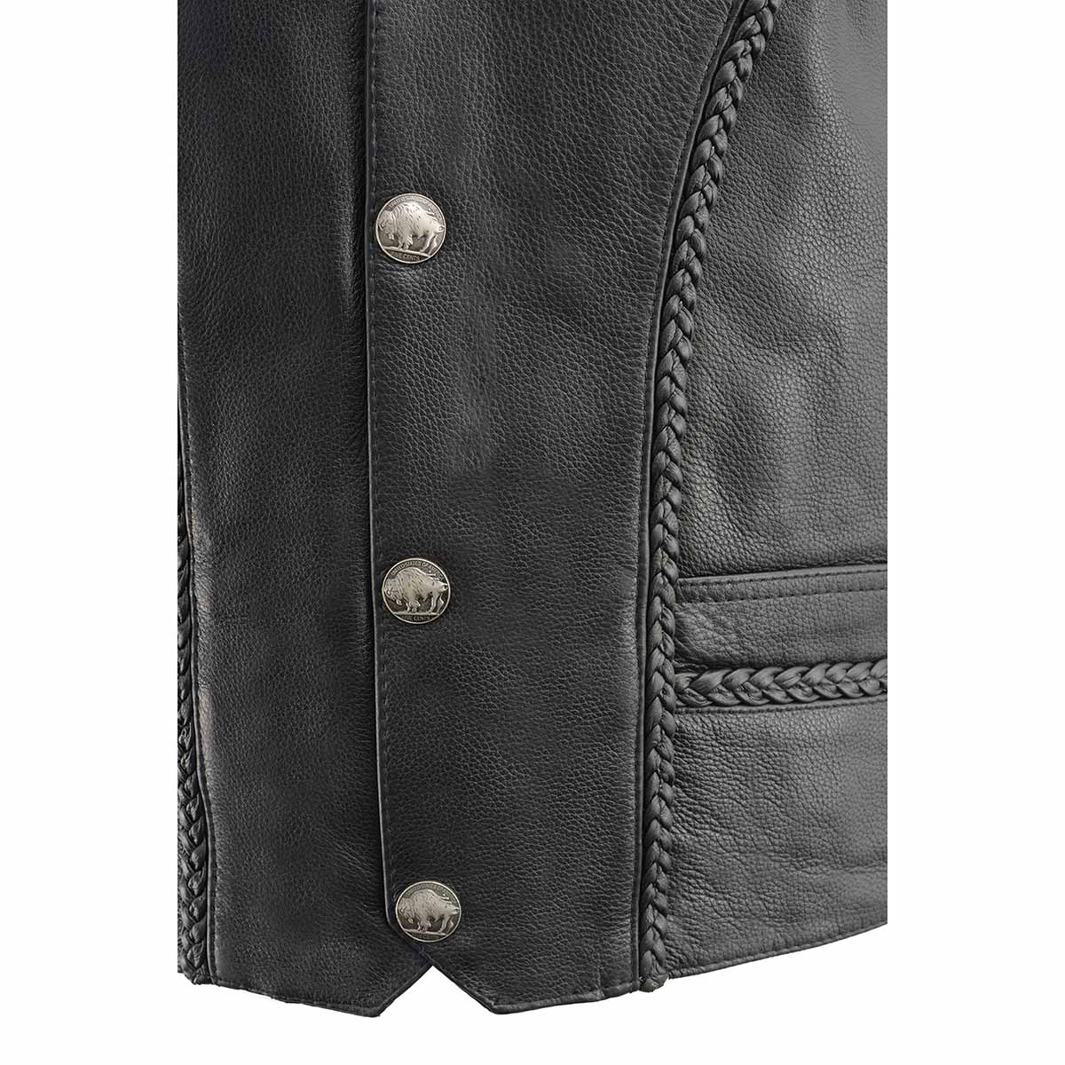 Milwaukee Leather ML1359 Men's Black Naked Leather Side Lace Motorcycle Rider Vest w/ Buffalo Nickel Snaps Closure