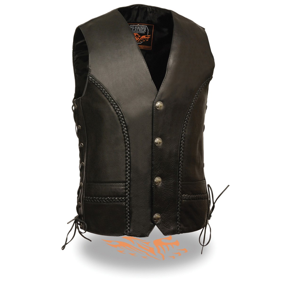 Milwaukee Leather ML1359 Men's 'Buffalo Coin' Black Braided  Leather Vest with Side Laces - Milwaukee Leather Mens Leather Vests