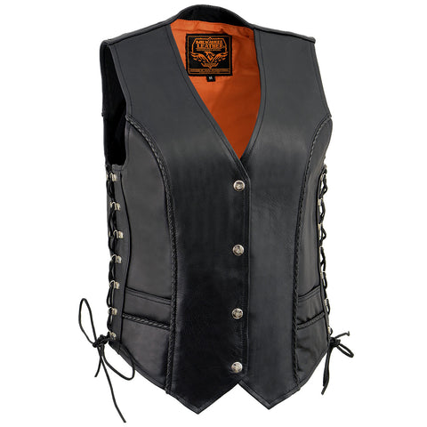 Milwaukee Leather ML2042 Women's Black Braided Premium Leather Motorcycle Rider Vest w/ Side Laces