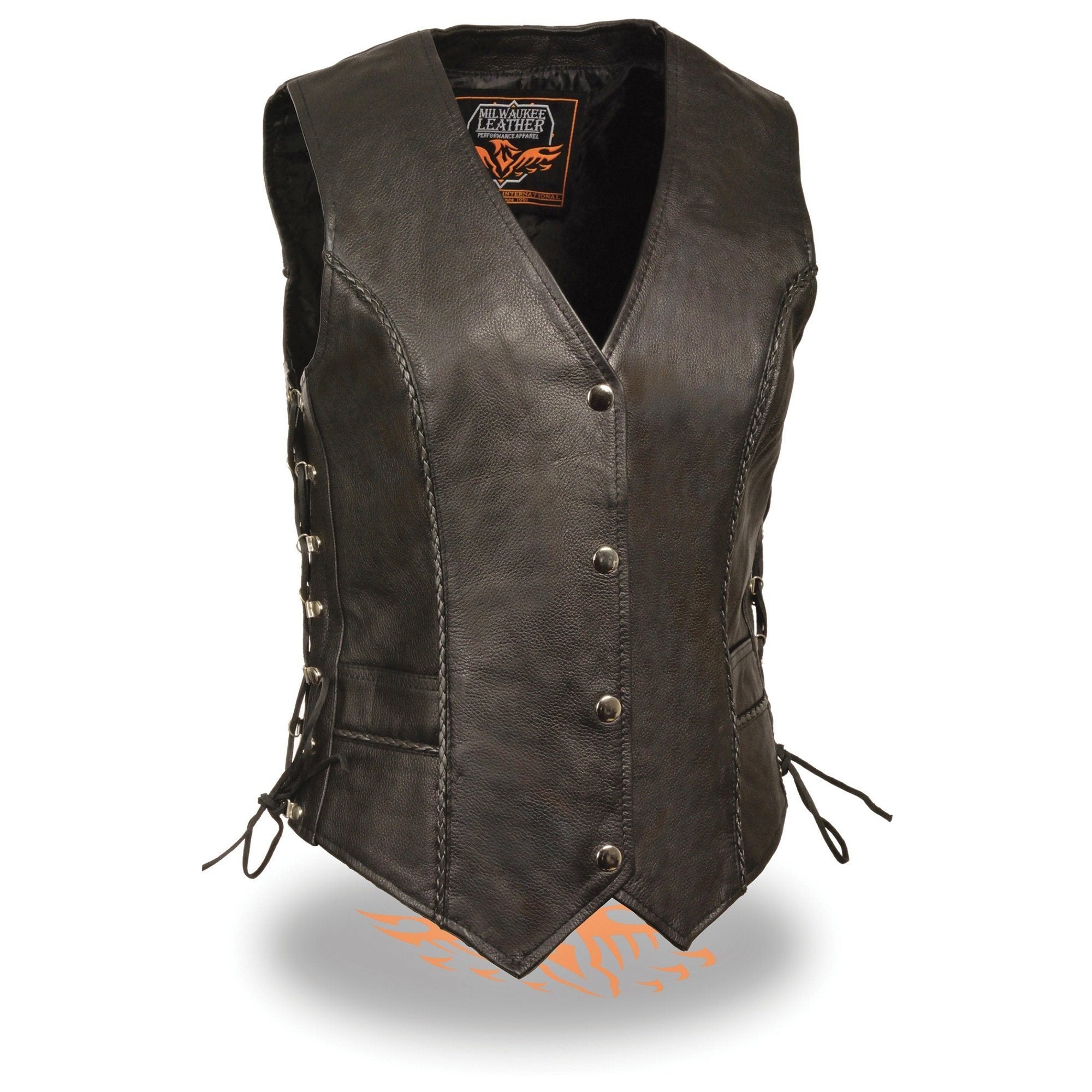 Milwaukee Leather ML2042 Ladies Classic Black Leather Vest with Thin Braid Design - Milwaukee Leather Womens Leather Vests