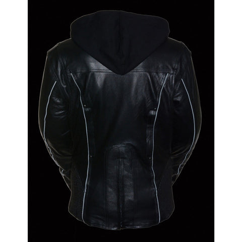 Milwaukee Leather ML2066 Women's 3/4 Black Leather Hoodie Jacket with Reflective Tribal Design - Milwaukee Leather Womens Leather Jackets