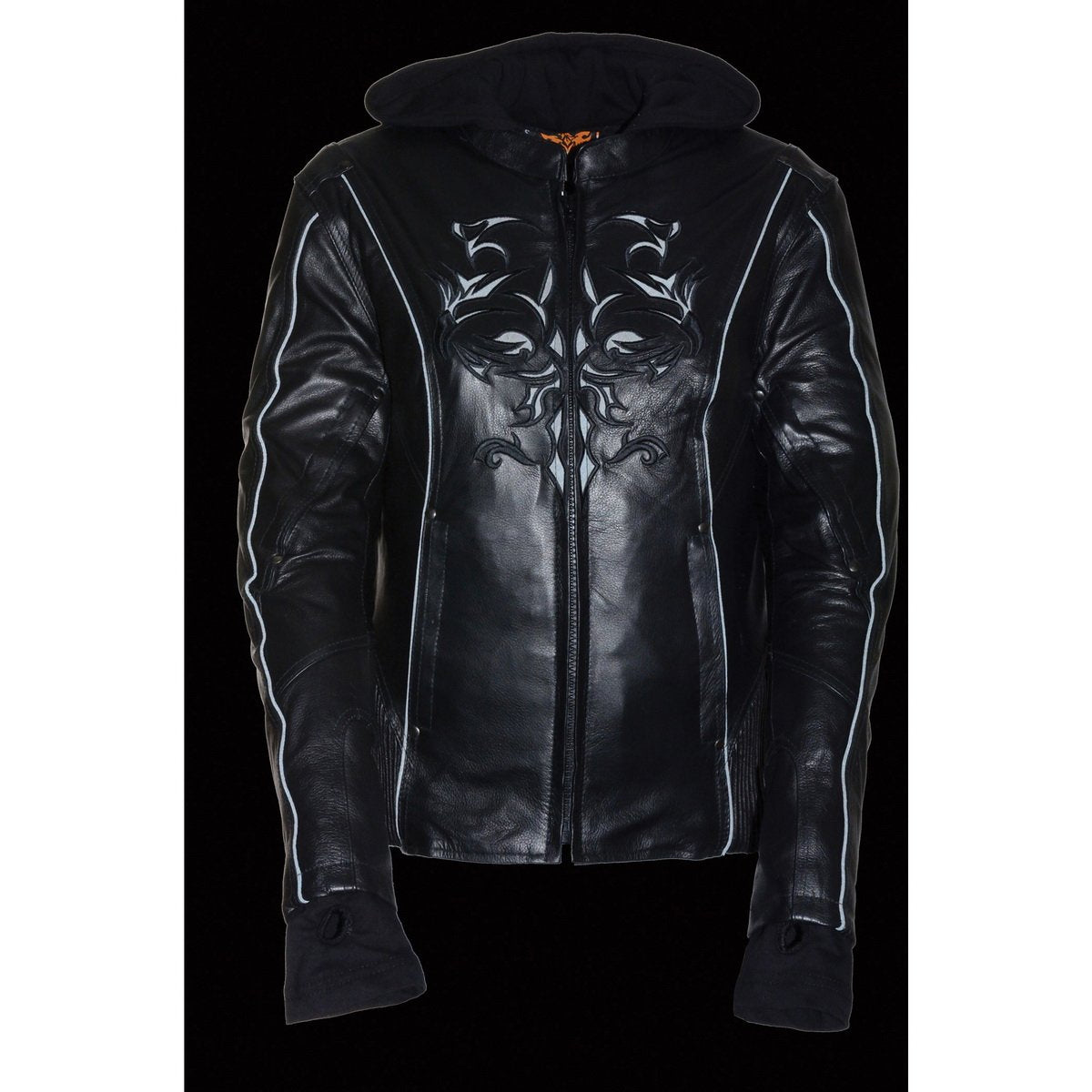 Milwaukee Leather ML2066 Women's 3/4 Black Leather Hoodie Jacket with Reflective Tribal Design - Milwaukee Leather Womens Leather Jackets