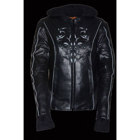 Milwaukee Leather ML2066 Women's 3/4 Black Leather Hoodie Jacket with Reflective Tribal Design - Milwaukee Leather Womens Leather Jackets