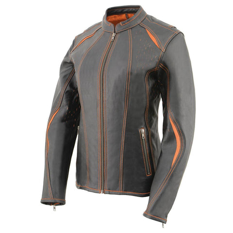 Milwaukee Leather MLL2502 Women's 'Laser Cut' Distressed Black and Orange Scuba Style Racer Jacket