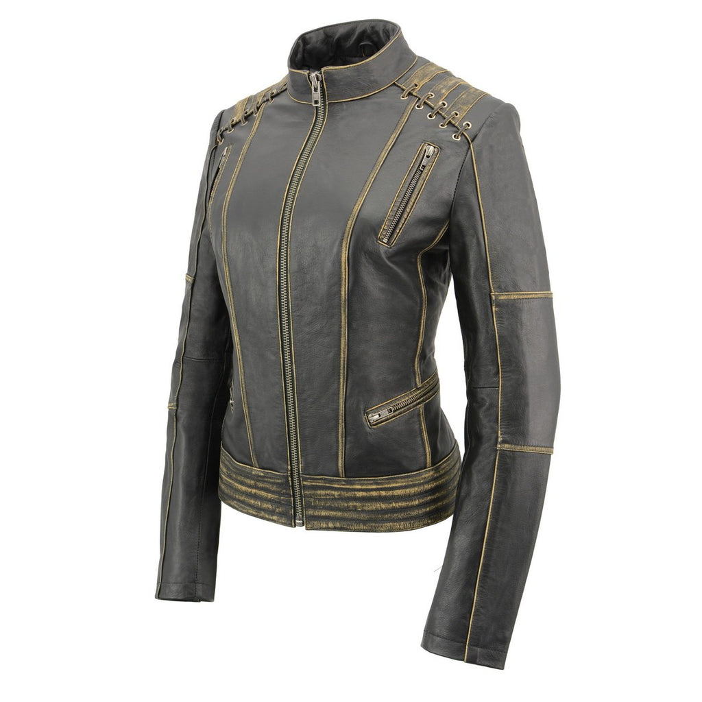 Milwaukee Leather MLL2527 Women's Laced Detail Distressed Brown Leather Jacket