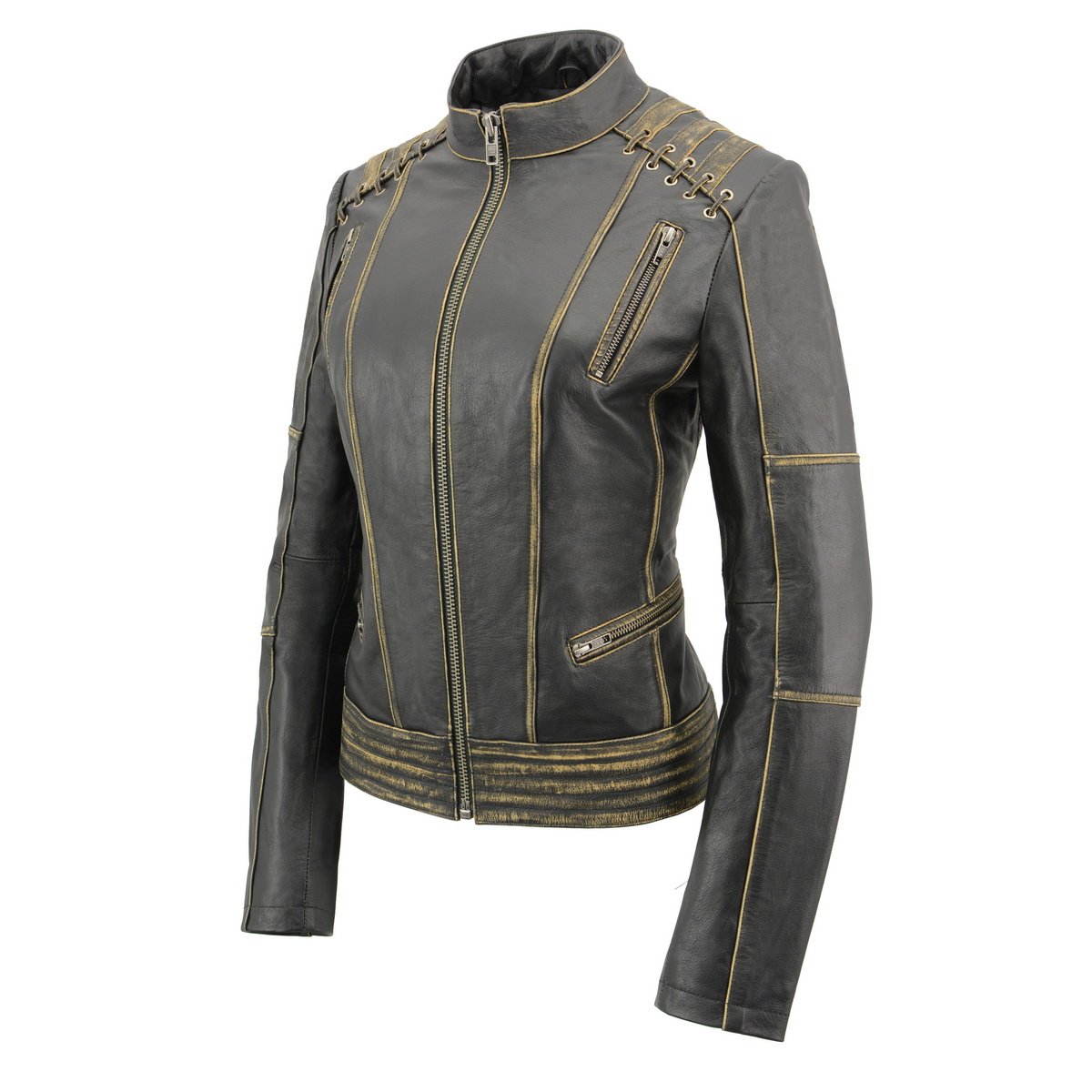 Milwaukee Leather MLL2527 Women's Laced Detail Distressed Brown Leather Jacket