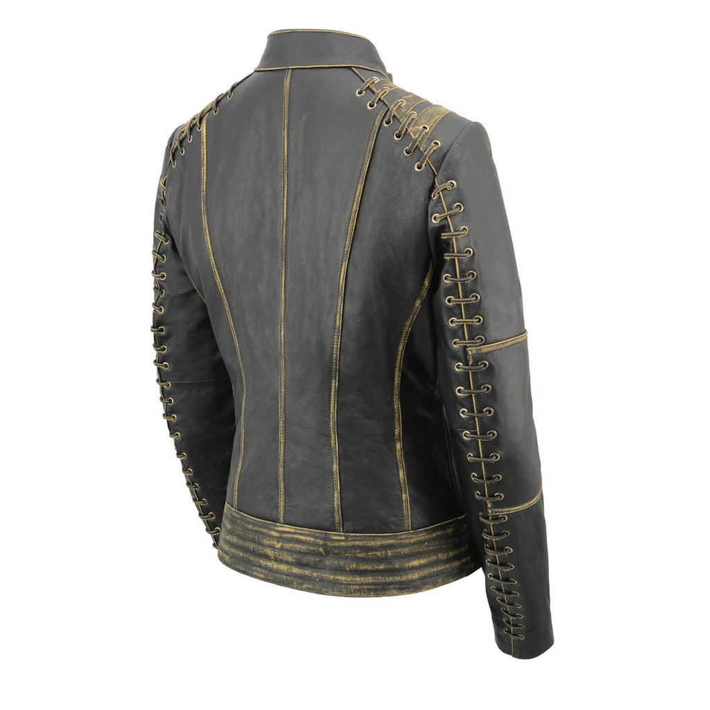 Milwaukee Leather MLL2527 Women's Laced Detail Distressed Brown Leather Jacket