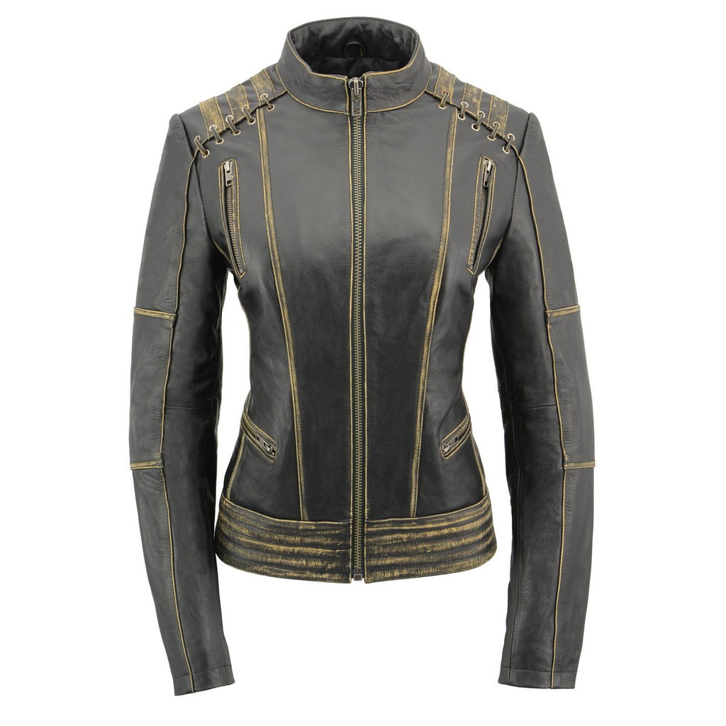 Milwaukee Leather MLL2527 Women's Laced Detail Distressed Brown Leather Jacket