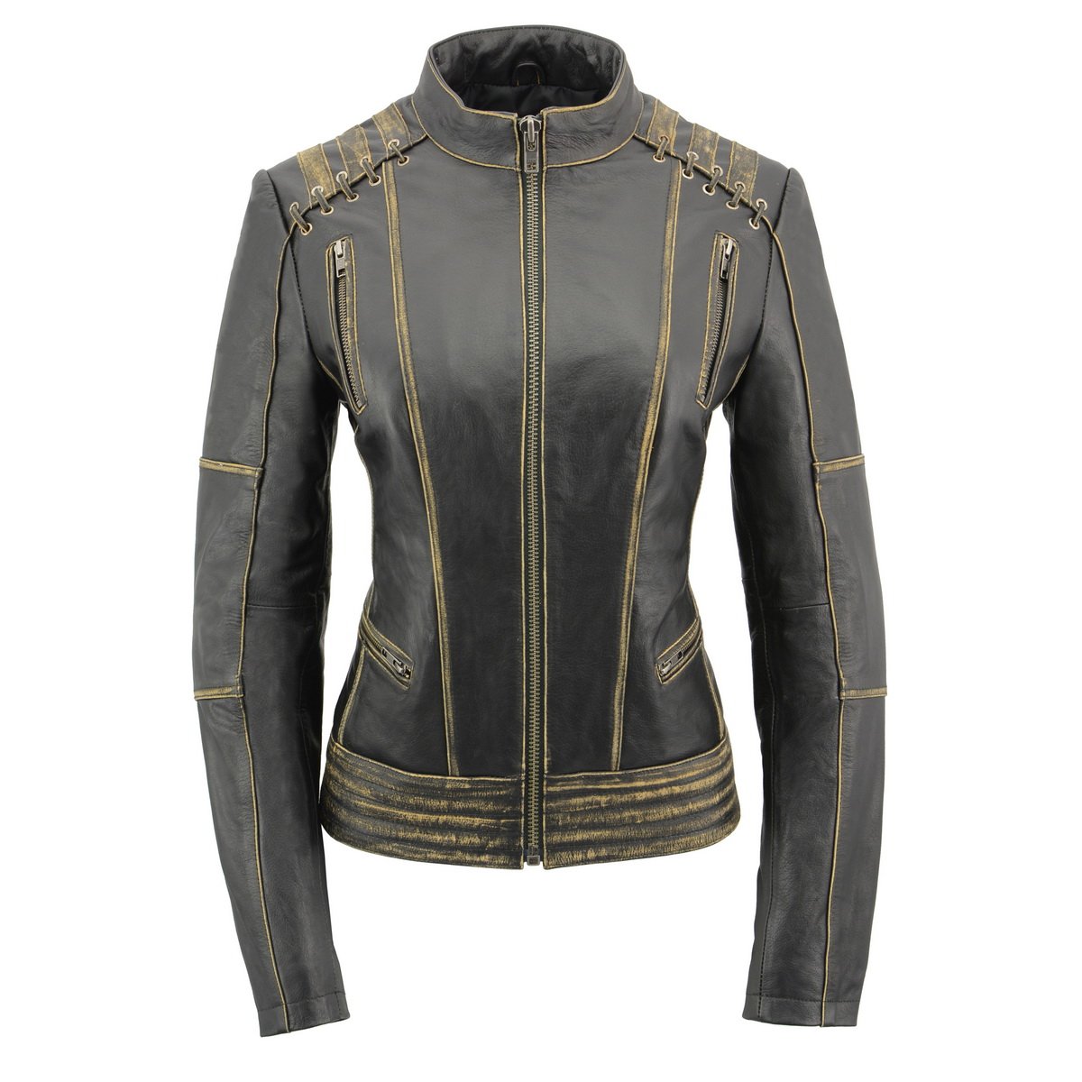 Milwaukee Leather MLL2527 Women's Laced Detail Distressed Brown Leather Jacket