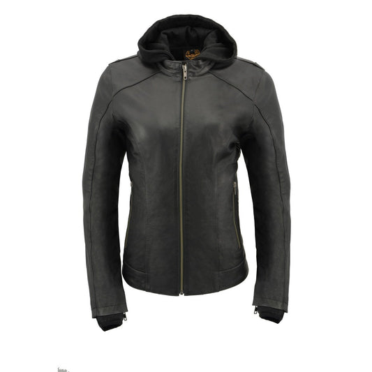 Milwaukee Leather MLL2545 Women's Lightweight Black Leather Jacket with Removable Hoodie