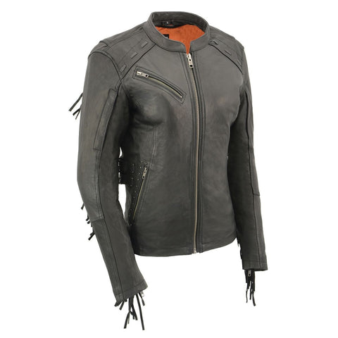 Milwaukee Leather MLL2565 Women's Black Fringed Lightweight Leather Racer Motorcycle Jacket