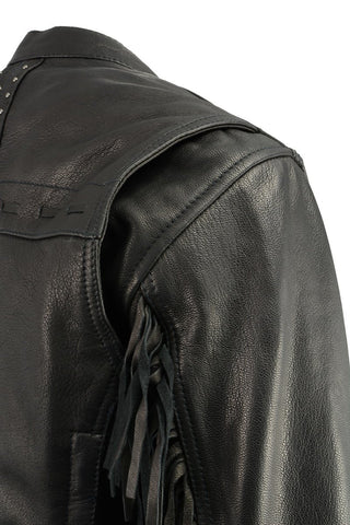 Milwaukee Leather MLL2565 Women's Lightweight Black Leather Racer Jacket with Fringe Detailing