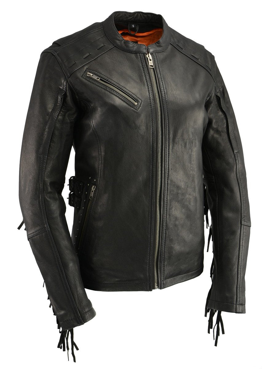 Milwaukee Leather MLL2565 Women's Lightweight Black Leather Racer Jacket with Fringe Detailing
