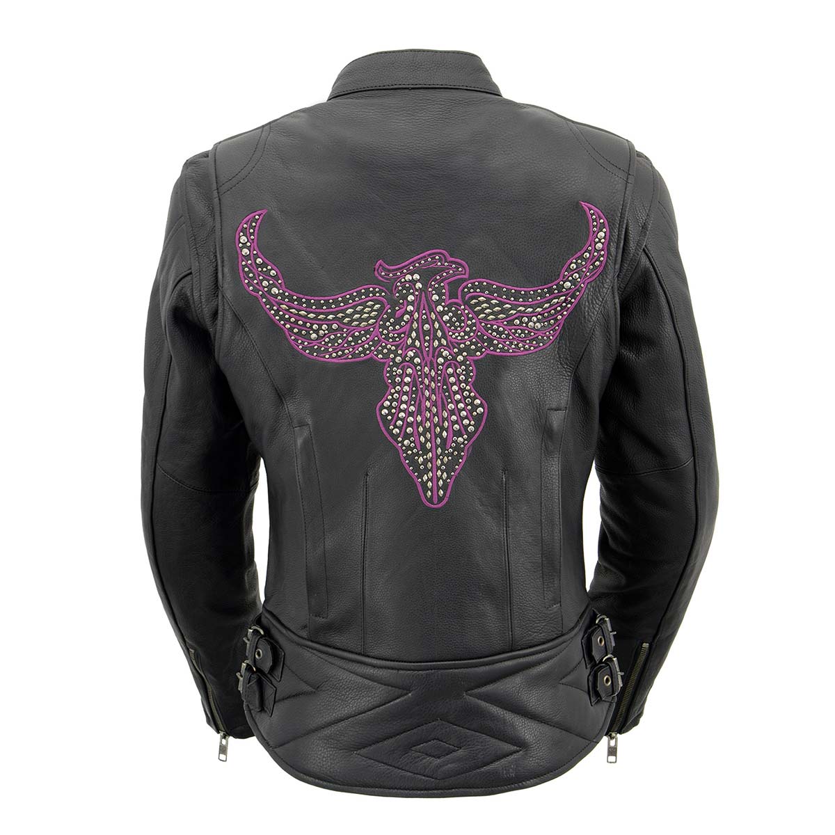 Milwaukee Leather MLL2570 Women's 'Phoenix Embroidered' Black and Fuchsia Pink Leather Motorcycle Jacket