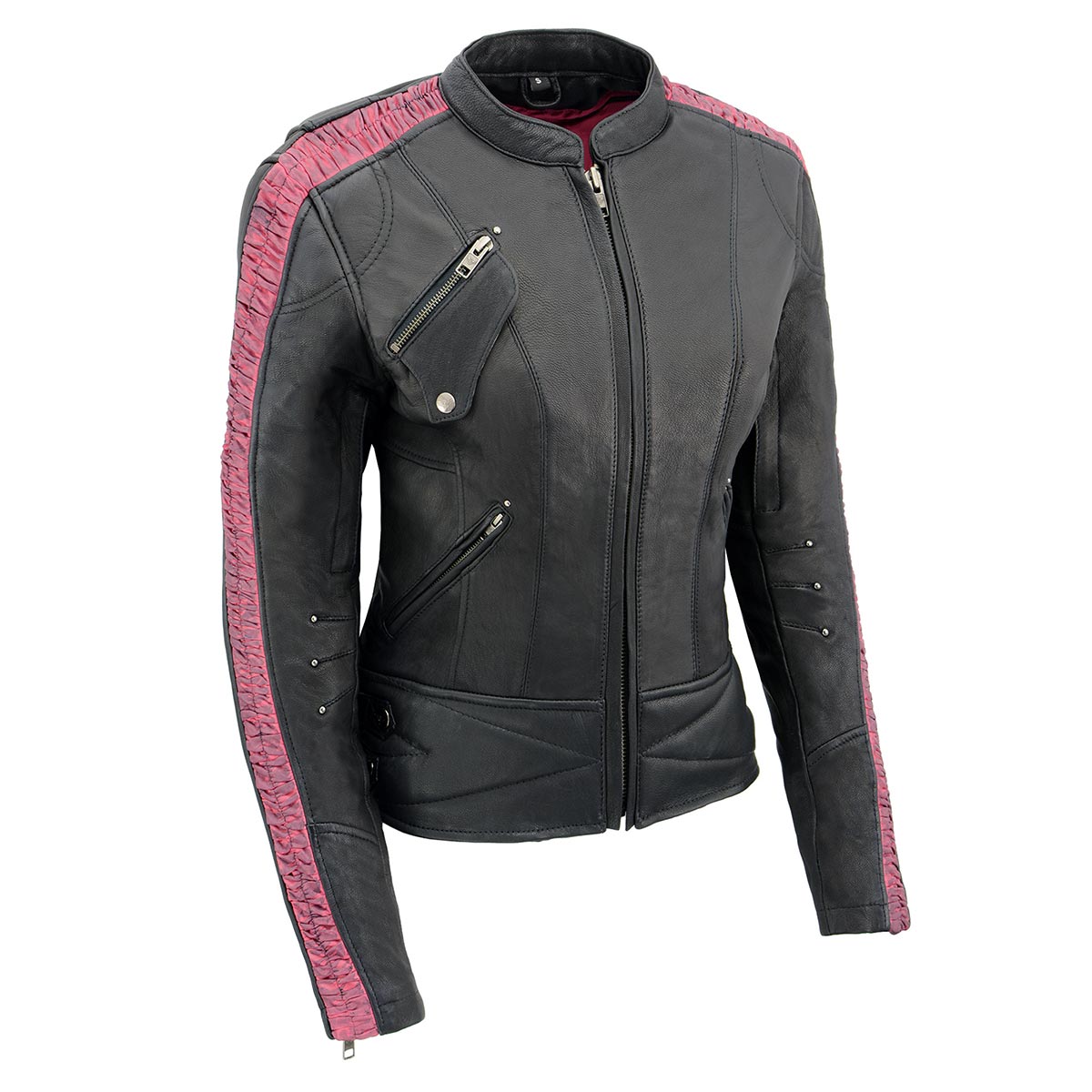 Milwaukee Leather MLL2571 Womens Black and Pink 'Crinkled Arm' Lightweight Racer Jacket