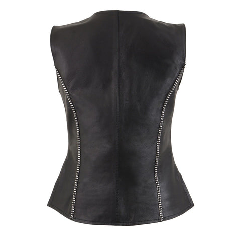 Milwaukee Leather MLL4502 Women's Black Leather Classic V-Neck Motorcycle Rider Vest with Rhinestone Bling Detail