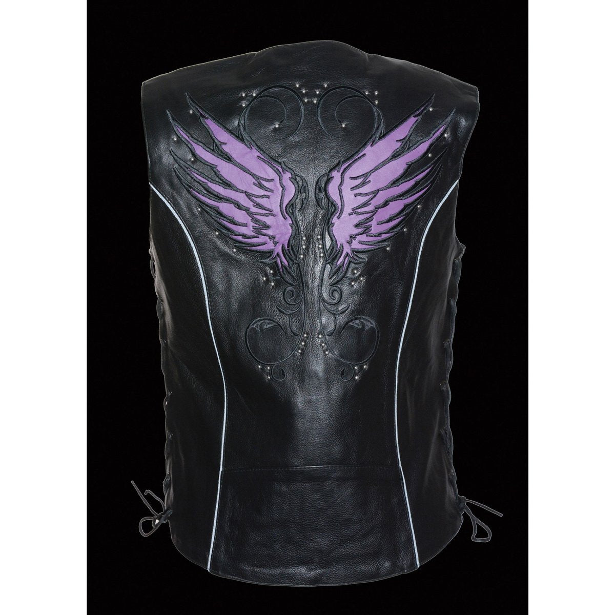 Milwaukee Leather MLL4505 Ladies Black and Purple Leather Vest with Stud and Wings Detailing - Milwaukee Leather Womens Leather Vests