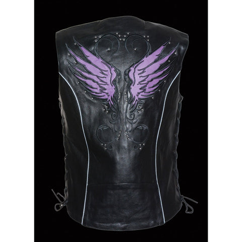 Milwaukee Leather MLL4505 Ladies Black and Purple Leather Vest with Stud and Wings Detailing - Milwaukee Leather Womens Leather Vests