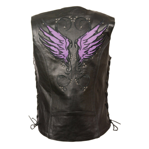 Milwaukee Leather MLL4505 Ladies Black and Purple Leather Vest with Stud and Wings Detailing - Milwaukee Leather Womens Leather Vests