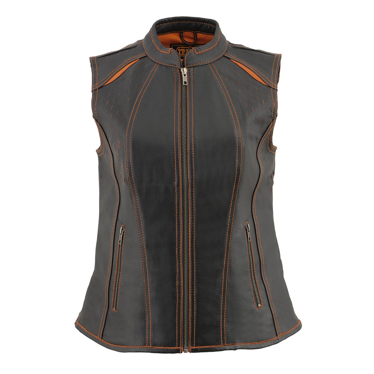Milwaukee Leather MLL4507 Women's Black Leather Orange Accented Laser Cut Vented Scuba Style Motorcycle Rider Vest